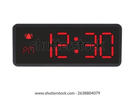 Digital Alarm Clock vector isolated on white background of a digital clock displaying 12.30 pm with led numbers digital clock design. Clock icon for hour, watch, alarm signs 12.30 pm
