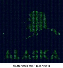 Digital Alaska logo. US state symbol in hacker style. Binary code map of Alaska with US state name. Artistic vector illustration.