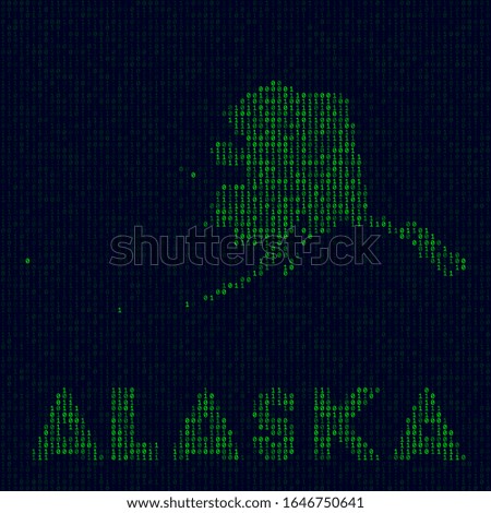 Digital Alaska logo. US state symbol in hacker style. Binary code map of Alaska with US state name. Artistic vector illustration.