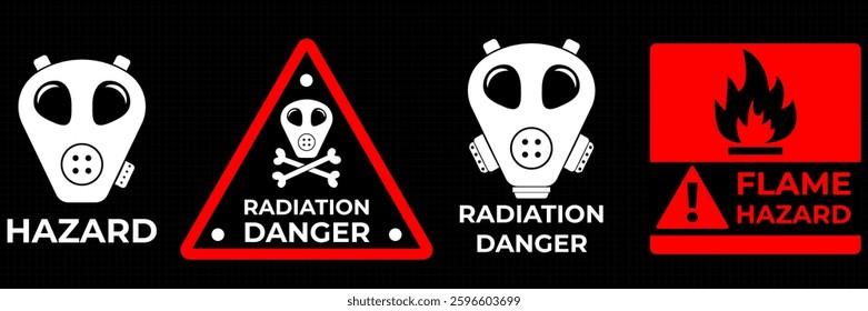 Digital alert frame with futuristic HUD warning symbols and caution text. A vector illustration set featuring red danger zone borders, hazardous area notifications, and restricted access warnings. 