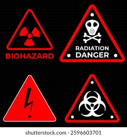 Digital alert frame with futuristic HUD warning symbols and caution text. A vector illustration set featuring red danger zone borders, hazardous area notifications, and restricted access warnings. 