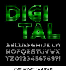 Digital alphabet font. 80s retro display pixel letters and numbers. Stock vector typeface for your design.