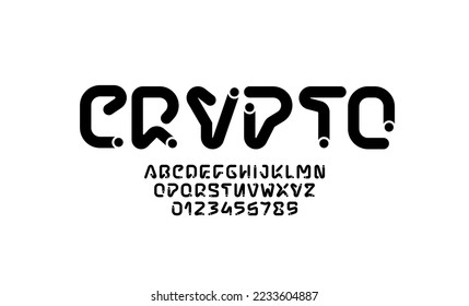 Schriftart mit digitalem Alphabet, Kryptobuchstaben und -ziffern im gestrichenen Stil, Vektorgrafik 10EPS