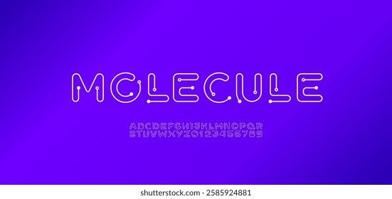 Digital alphabet font made ring and dot, letters and numbers in a scientific style, vector illustration 10EPS.