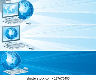 Digital America. Set of vector banners with computer, flat monitor,  mouse and  globe on an abstract background