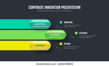 Digitale Analyse Drei Elemente Diagramm Folienlayout. Corporate Visualisierung 3 Schritt Infografik Slideshow Design. Vektorgrafik der Vorlage für die visuelle Strategiepräsentation.