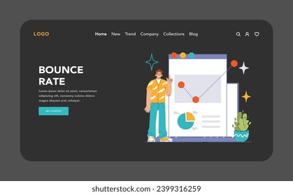Digital analyst showcases Bounce Rate on a comprehensive dashboard. Monitoring user retention, pinpointing site issues. Ensuring optimal user experience and web engagement. Flat vector illustration