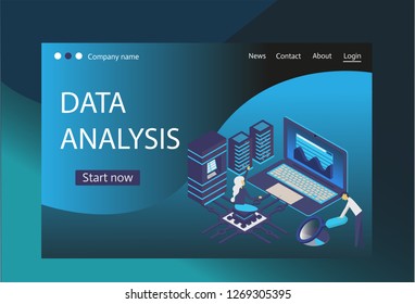 Digital analytics, Big data analysis, data science, market research, application flat vector banner illustration with icons
