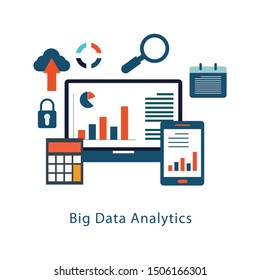 Digital analytics, Big data analysis, data science, market research, application flat vector banner illustration with icons