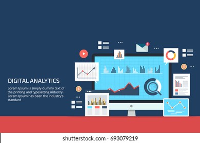Digital analytics, Big data analysis, data science, market research, application flat vector banner illustration with icons