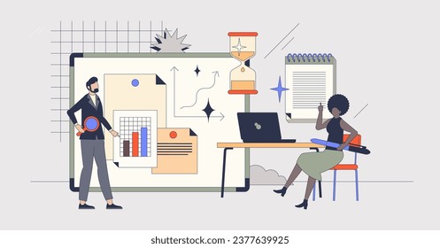 Análisis digital y análisis de datos de negocios concepto de persona diminuta retro. Visualización de la información de la ilustración vectorial de estados financieros de la empresa. Investigación de la información y seguimiento de gráficos económicos