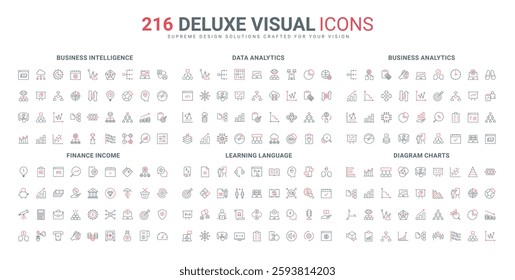 Digital analytics for business and data, finance income increase, intelligence line icon set. Infographic dashboard with charts, language school thin black and red outline symbols vector illustration