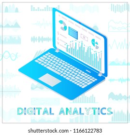 Digital analytics business poster with laptop screen and information. Visualization of data in diagrams and graphics, growing charts signs vector