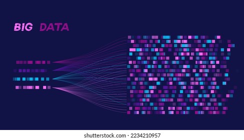 Digital analytics data processing visualization. Big data concept. Database futuristic visual representation. Data analytics and visualization digital vector design. Business innovation, code analysis