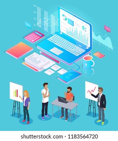 Digital analytics people giving information in visual form. Presenter boss and worker set isometric 3d. Laptop and books, calculator and charts vector