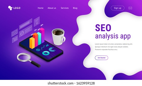 Digital analytics SEO isometric landing page concept with 3d graph data on phone screen. Marketing research, statistics report for business. Vector illustration for mobile app, infographic, web, ui