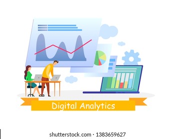 Digital Analytics, Statistics Web Banner Template. Data Analysis, Business Metrics, Commerce Conversion. SMM, SEO, Marketing Flat Illustration. Analysts Characters Analyzing Infographics