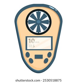 Digital anemometer measuring wind speed with display showing air velocity in meters per second