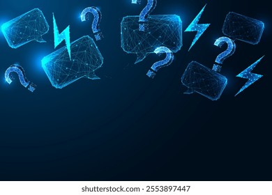 Digital anxiety concept with glowing speech bubbles, question marks, and lightning bolts on dark blue background. Stress in communication visualization. Low polygonal abstract vector illustration.