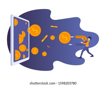 Digital app and web concept person attract money with huge magnet from tablet smartphone. Business flat design illustration.