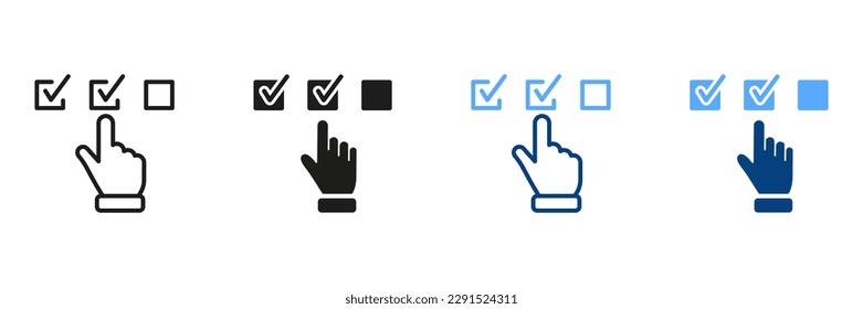 Digital Application Black and Color Pictogram. Questionnaire Line and Silhouette Icon Set. Hand Tick Checkmark Symbol Collection. Choice Checkbox in Checklist. Isolated Vector Illustration.