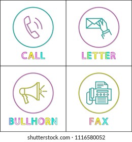 Digital application linear icons with symbols. Receiver on call button, letter exchange, bullhorn emblem and fax isolated flat vector illustrations.