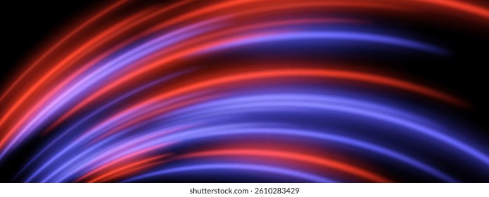 Digital arc trail. Red and blue neon beams bend into a circular stream with smooth radiant curves and depth.