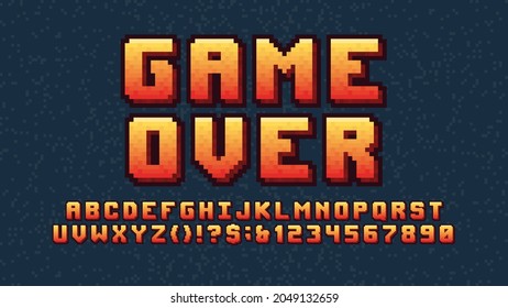 Digital arcade alphabet pixel 3d font, video computer game design 8 bit electronic entertainment vector latin typeface, yellow-red letters and numbers with dark outline