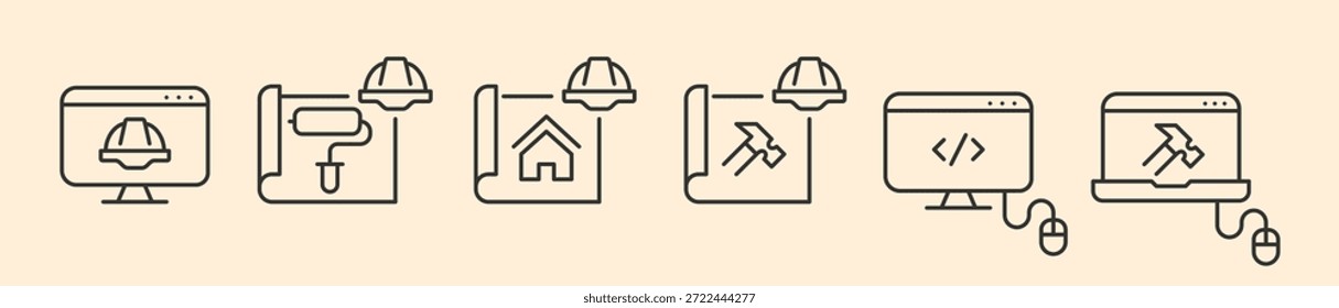 Conjunto de iconos de arquitectura digital y mantenimiento técnico, Vector de arte de línea minimalista para la construcción de Sitios web, diseño de edificios en línea, ingeniería de software verificada y gestión remota de proyectos.