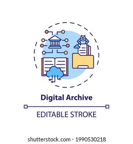 Icono de concepto de archivo digital. Ilustración de línea delgada de la idea de acceso a biblioteca en línea. Tipos de bibliotecas digitales. Acceso gratuito a la información. Dibujo de color RGB con contorno aislado del vector. Trazo editable