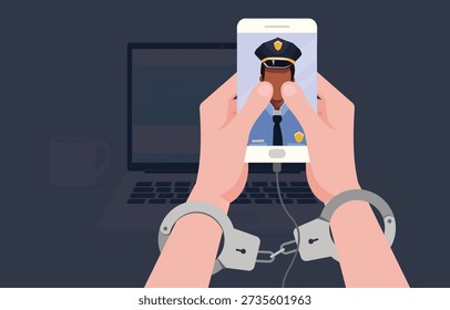Digital arrest illustration of a pair of hands in handcuffs holding a mobile phone with office background.