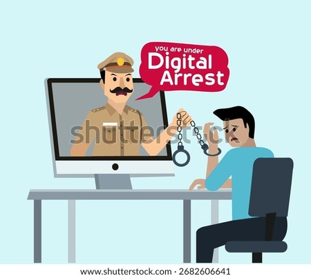 Digital Arrest Scam Concept – Online Fraud and Cybercrime Awareness vector illustration. a scam where cyber criminals impersonate police to extort money or personal data