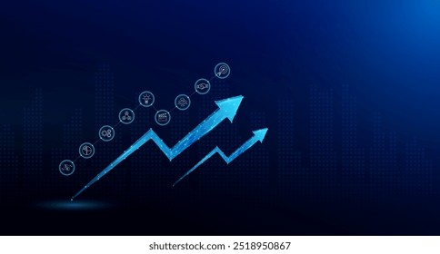 Seta digital para cima no espaço exterior e ícones de investimento financeiro. Startup grande ideia produto de lançamento criativo. Crescimento do mercado de ações expandido. Projeto de plano de negócios. Vetor EPS10.