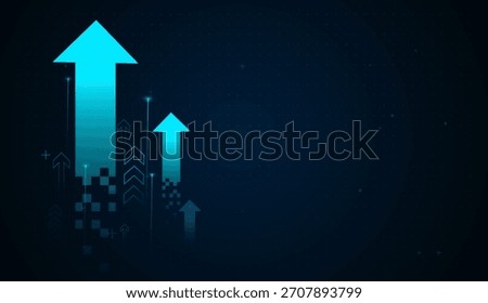 The digital arrow points upward, illustrating positive financial trends and the power of fintech innovation. The high-tech background emphasizes market acceleration