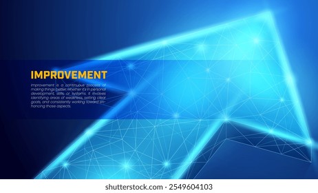 Digital arrow up in wireframe particle style and dark blue background, illustration of business investment growth and market growth.