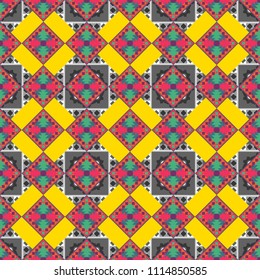 Digital art abstract seamless pattern. Abstract yellow, gray and pink image with a squares. Vector illustration.
