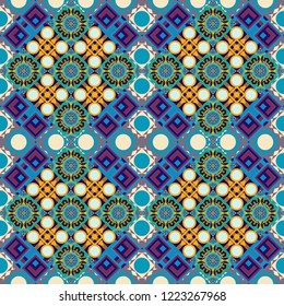 Digital art abstract seamless pattern. Abstract orange, violet and blue image with a squares. Vector illustration.