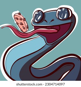 Digital art of an adorable snake eating a cookie. Happy lizard with a big grin enjoying a biscuit. Vector of a reptile and a cracker.