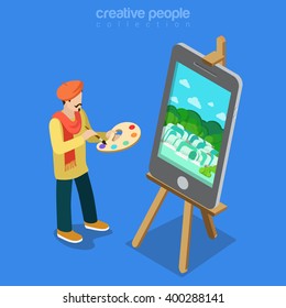 Digital art artist at work concept. Flat 3d isometric isometry web vector illustration. Painter palette smartphone painting on easel stand. Creative people collection.