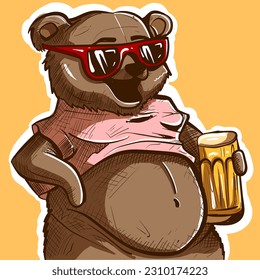 Digital art of a bear with his belly sticking out of his shirt holding a glass of beer. Wild animal with sunglasses.