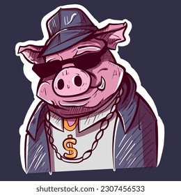 Digital art of a big boss pig in a denim detective uniform and a gold chain. Farm animal in a policeman costume and sunglasses.