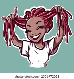 Arte digital de una mujer negra jugando con sus rastas y sonriendo. Vector de una feliz chica africana tocando sus rastas.