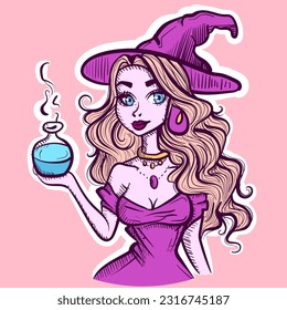 Digital art of a blonde witch with a hat holding a magic blue potion in a flask. Vector of a magician woman showing a poison bottle.