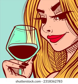 Digital art of a blonde woman with red lips holdinga cocktail. Elegant female drinking a glass of wine