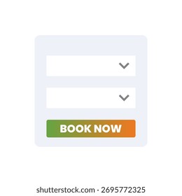 Digital art: a booking form with two dropdown menus above a gradient "BOOK NOW" button, isolated on a white background, clean, simple, and inviting.
