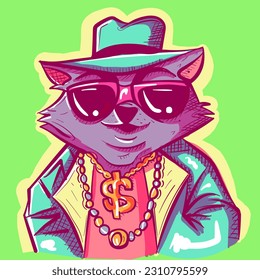 Digital art of a boss raccoon wearing sunglasses, a dollar sign necklace,a fedora and a suit. Gangsta detective animal in cool clothing.