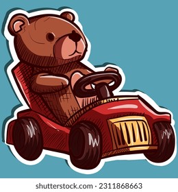 Digital art of a brown teddy bear driving a red toy car. Driver stuffed animal vector in an automobile speeding. 