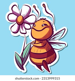 Digital art of a bumblebee sniffing a white flower. Vector of a cartoon bee happily smelling a daisy.