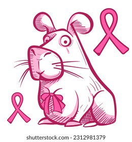 Digital art of a capibara wearing a scarf for breast cancer awareness month. Animal cartoon mascot supporting a medical cause.