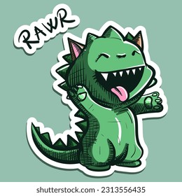 Digital art of a cartoon cat character wearing a dino costume and saying rawr. Vector of a dinosaur kitty going trick or treat for Halloween